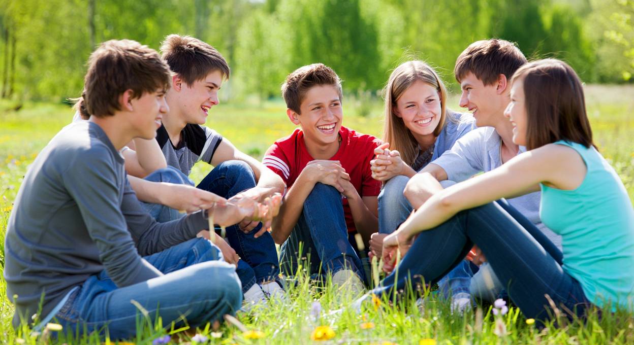 Компания подростков сидят на траве и общаются